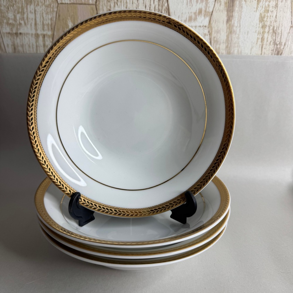 Block Manchester Gold Soup Pasta Bowls Set of 4 White‎ Porcelain Gold Laurel Rim